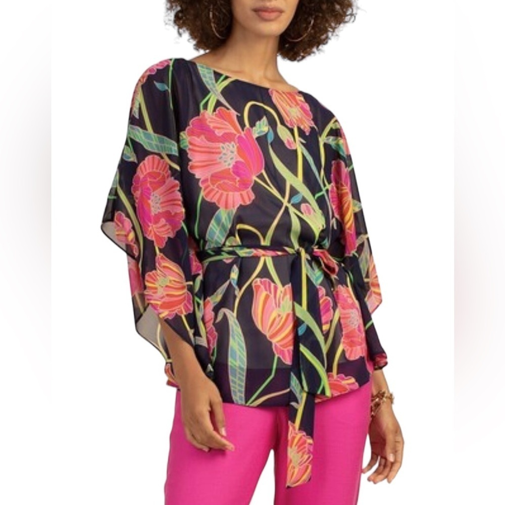 Trina Turk Black Floral Belted Blouse with Pink & Green Accents